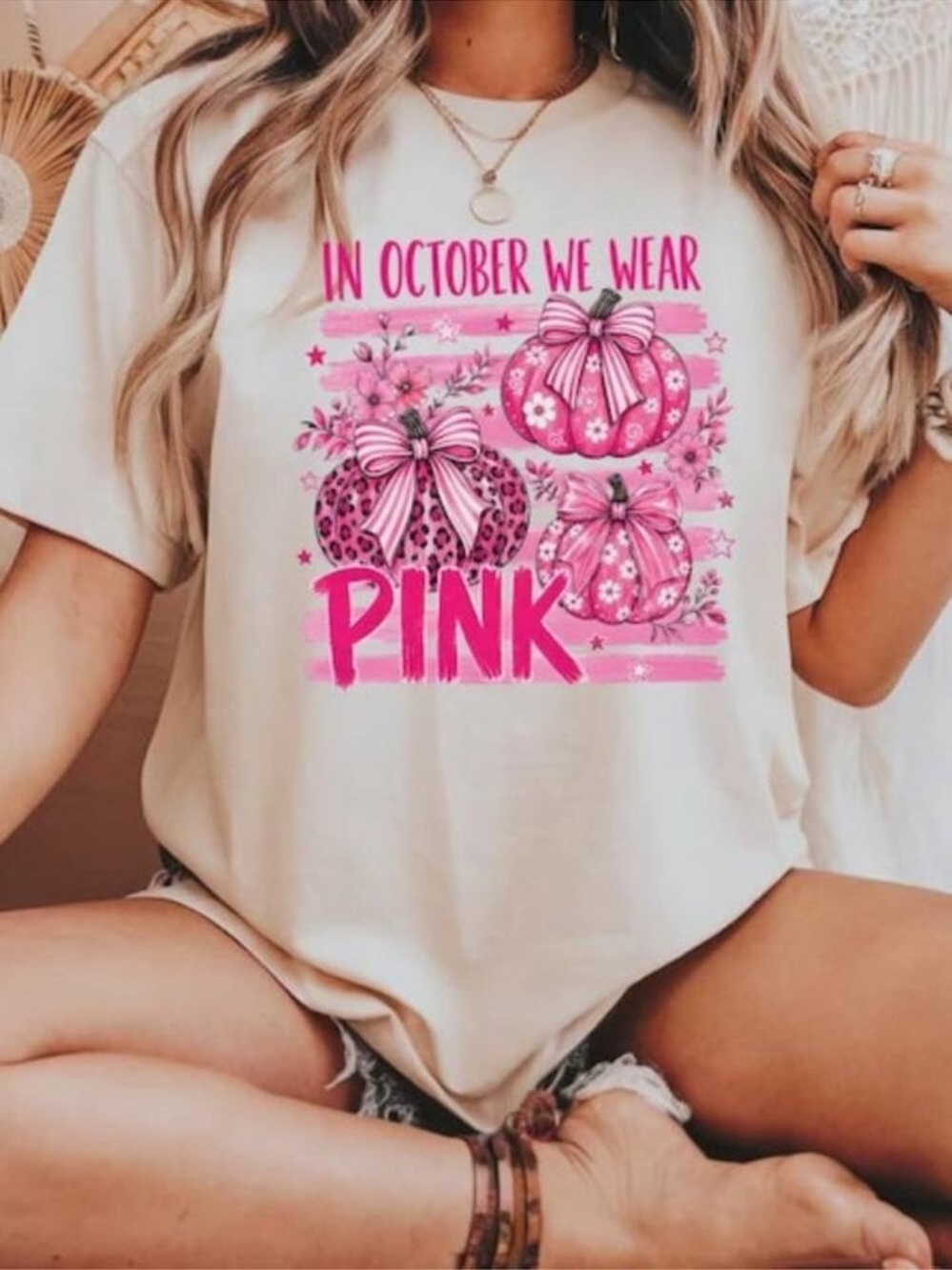 In October We Wear Pink Graphic Tee - Off White